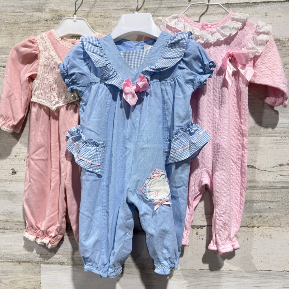 Vintage Romper Bundle Girls 6-9 Months Pink Blue Peach Lace Ruffle Retro GUC